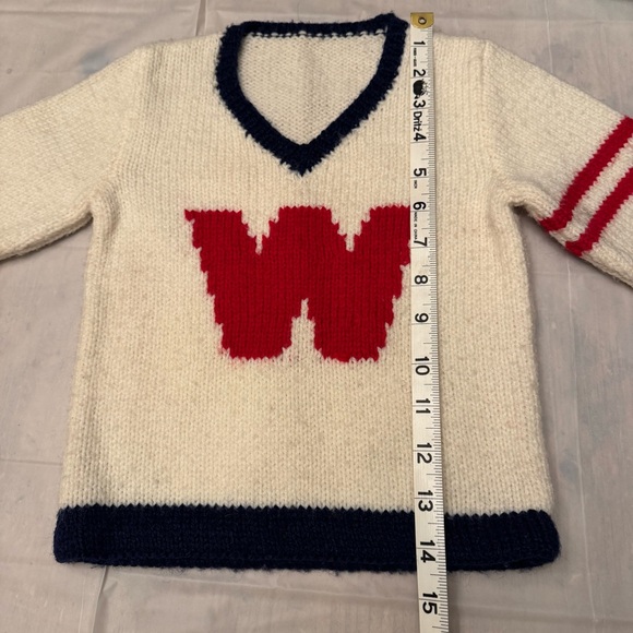 Vintage Toddler Varsity Sweater Handmade Knit, Cream with Red “W,” Navy Trim - Picture 7 of 8